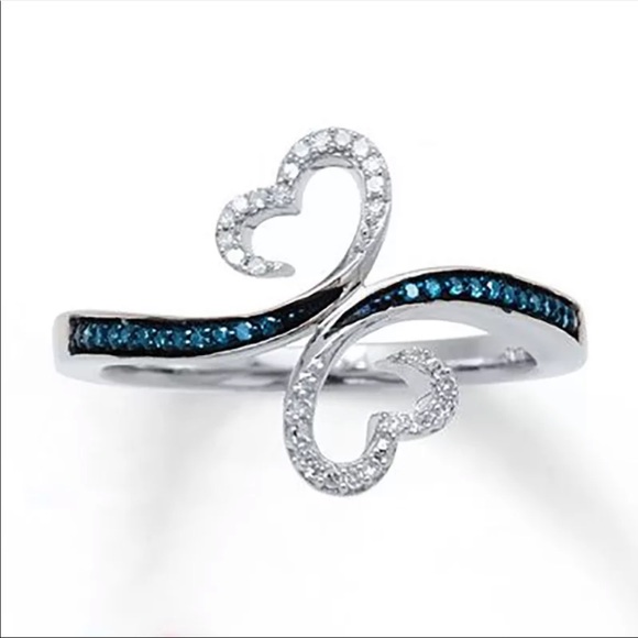 Jewelry - Romantic 💕2 Hearts 925 Silver Sapphire Ring New